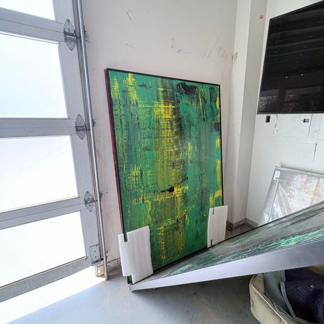 Large Green & Black Abstract Oil Painting on Board by Artist Paulden, 72” X 42” For Sale - Image 12 of 12