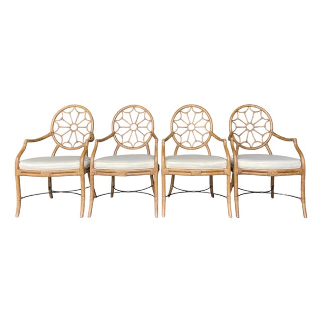 Rattan Medallion Back Dining Chairs in the Style of Ferguson Copeland | Set of 4 For Sale