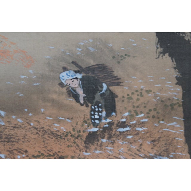 Antique Signed Asian Watercolor on Silk Landscape Figure Scroll Cherry Blossom For Sale - Image 11 of 13