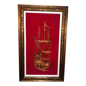 Mid Century Spanish Pirate Clippership Wood Carved String Art Wall Hanging