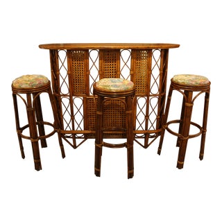 Late 19th Century Vintage Rattan and Wood Bar Set- 4 Pieces For Sale
