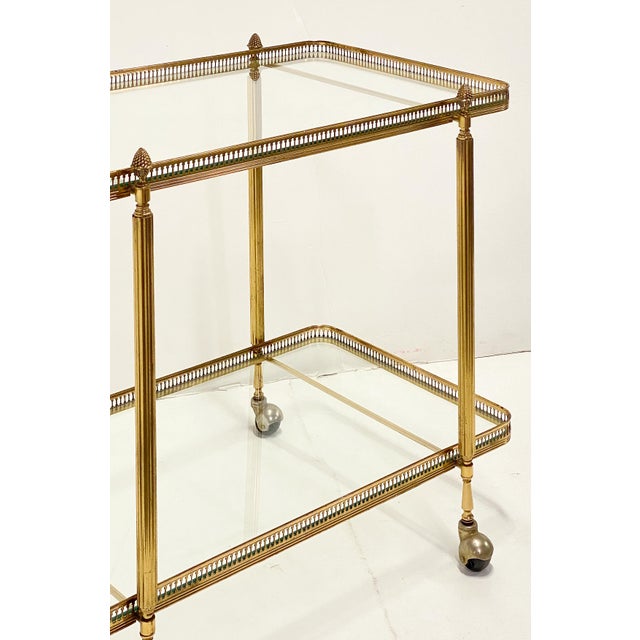 Metal French Two-Tiered Rolling Drinks Cart of Brass and Glass For Sale - Image 7 of 8
