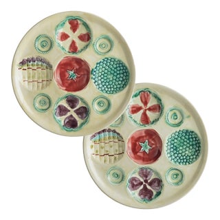 French Majolica Pair Crudite Serving Plates Majolica Wall Hanging Dishes Pv France Mark Rare Pattern Gift Majolica Collector Gift Majolica Collector For Sale