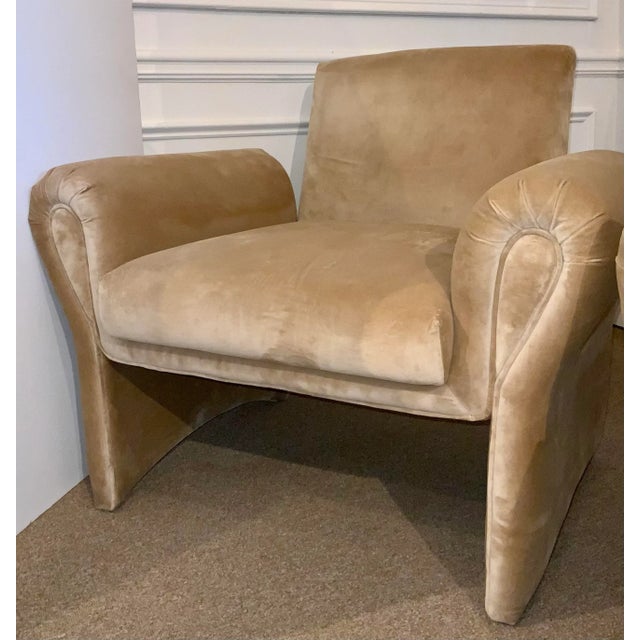 Timeless Mid-Century Modern Style Camel Velvet Lounge Chairs Pair, fully upholstered, showroom floor samples