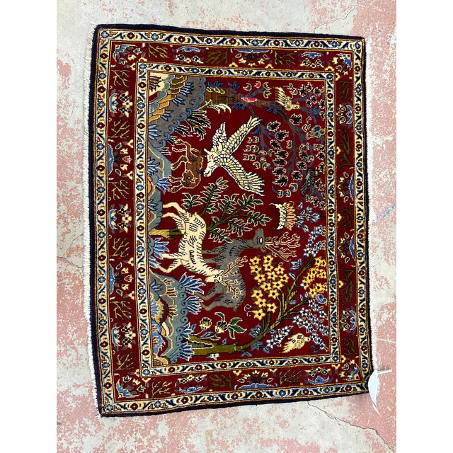 Persian pictorial Tree of Life rug, hand knotted in Iran from 100% wool. Measuring 2’4” x 3’, this rug features a richly...