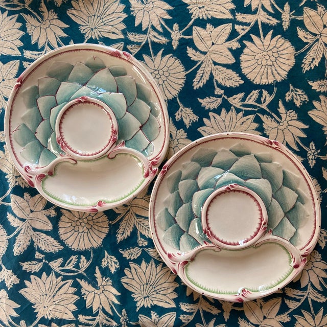 French Majolica Artichoke Asparagus Plate from Sarreguemines, 1900, Set of 2 For Sale - Image 11 of 11