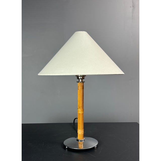 Mid-Century Modern Pencil Reed Rattan Bamboo and Chrome Table Lamps, 1980s, Set of 2 For Sale - Image 3 of 18