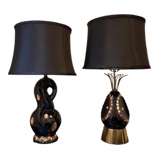 Vintage Sculptural Black & Gold Ceramic Lamps, Companion Pair, Mid-Century Atomic Era For Sale