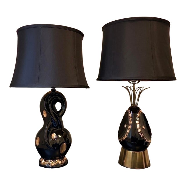 Vintage Sculptural Black & Gold Ceramic Lamps, Companion Pair, Mid-Century Atomic Era For Sale