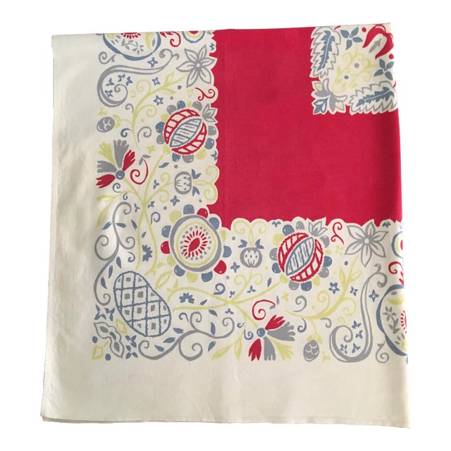 Vintage Linen Tablecloth With Stylized Seed Pods and Leaves For Sale