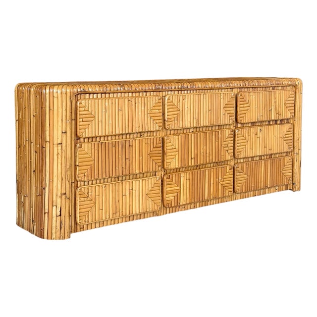 Vintage Restored Waterfall Split Rattan 9-Drawer Dresser For Sale