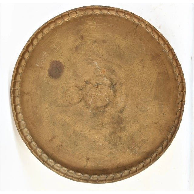 Moroccan Round Brass Top Tray Table With Folding Wood Stand For Sale - Image 9 of 13