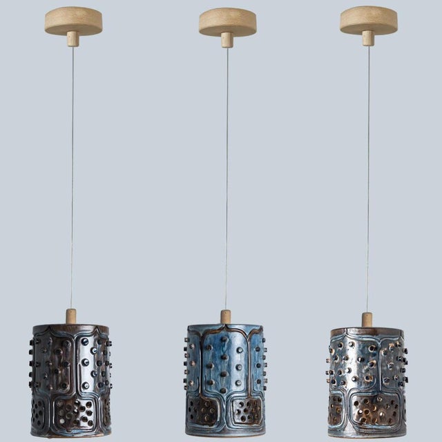 Danish Cylinder Brown Blue Ceramic Pendant Light, 1970 For Sale - Image 10 of 15