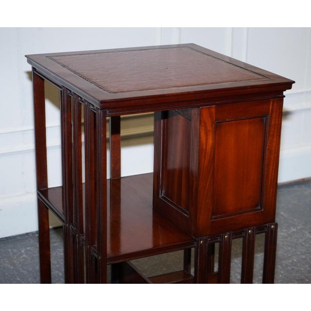 Revival Inlaid Revolving Bookcase End Table with Brown Aged Leather Top For Sale - Image 15 of 18
