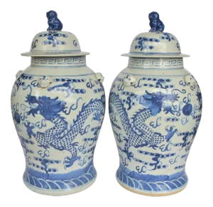 Large Chinoiserie Blue and White Dancing Dragon Ginger Jars, a Pair