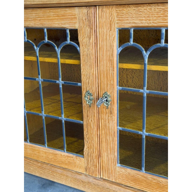 Vintage Danish Oak Sideboard Cabinet in Style of Henning, Brutalist Leaded Glass Credenza For Sale In Los Angeles - Image 6 of 10