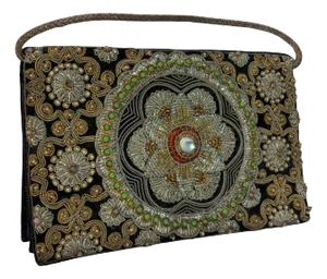 Black Velvet and Silk Embroidered 1960s Zardozi Zari Gemstone Clutch India