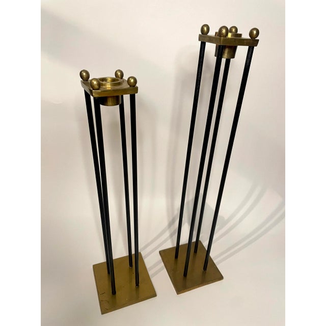 Mid Century Transitional Black Metal and Brass Candlesticks, a Pair For Sale In Houston - Image 6 of 12
