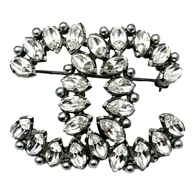 Chanel Gunmetal CC Marquise Crystal Brooch For Sale