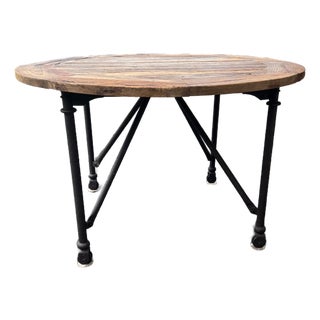 Vintage Solid Elm and Cast Iron Round Reclaimed Table From Retired Restoration Hardware Collection For Sale