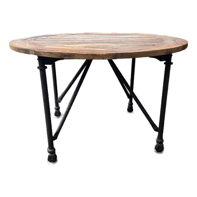 Vintage Solid Elm and Cast Iron Round Reclaimed Table From Retired Restoration Hardware Collection For Sale