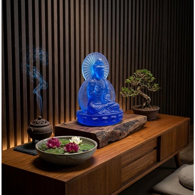 2000 - 2009 Blue Frosted Crystal Glass Lotus Base 2 Sides Bodhisattva Guanyin Figure For Sale - Image 5 of 11