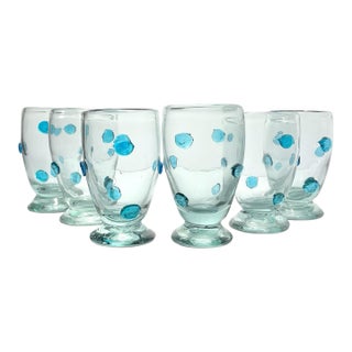 Mexican Aqua Blue Confetti Raised Pebble Mexican Blown Footed Tumbler Glasses - 6 pcs For Sale