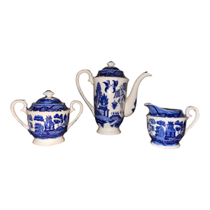 Early 20th Century Blue Willow Japan Coffee Pot, Creamer Jug and Sugar Set- 3 Pieces
