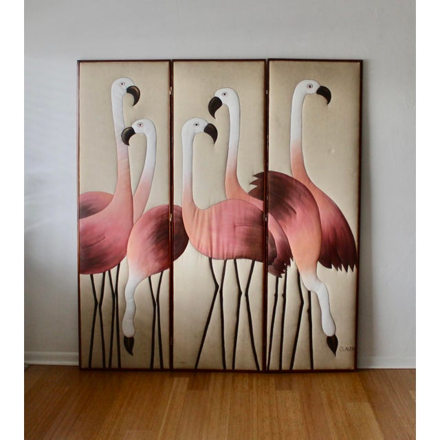 Vintage Hand Painted Flamingos Three Panel Screen Room Divider For Sale - Image 12 of 18