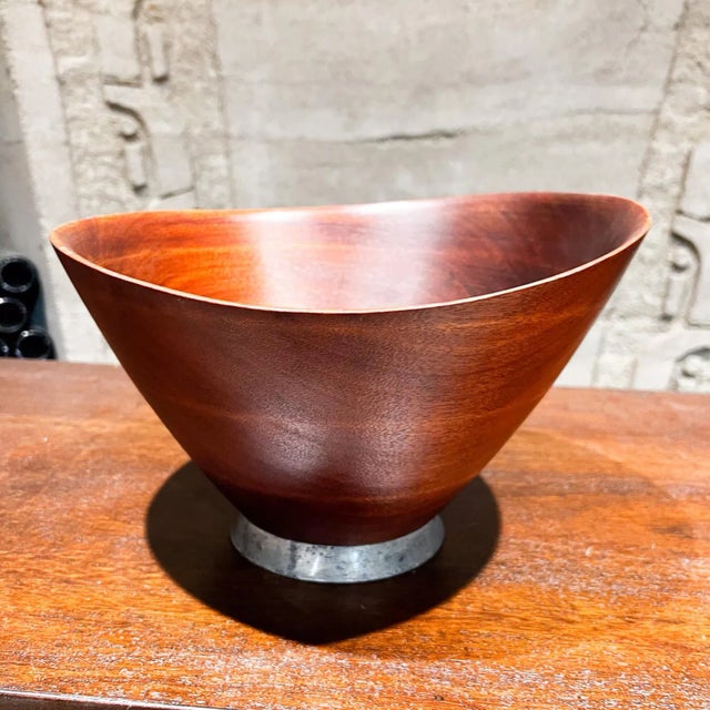 AMBIANIC presents 1970s Modern Mahogany Wood and Silver Bowl Web Silver Philadelphia stamped. 11.25 diameter x 7.75 tall...