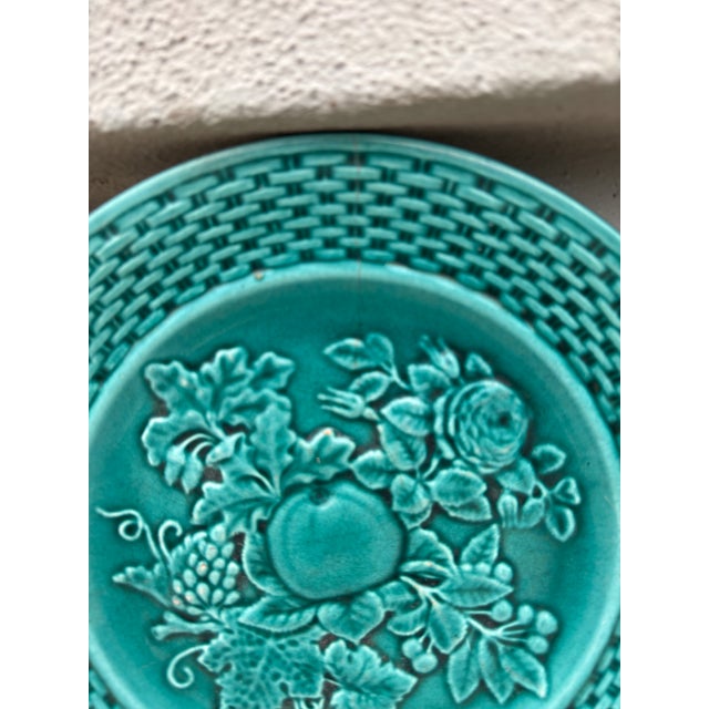 19th Century French Green Fruits & Rose Majolica Plate. One hairline.