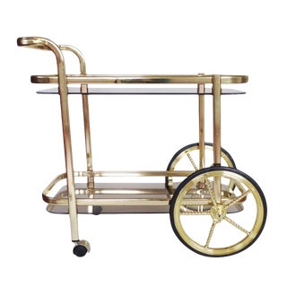 Mid Century Modern Bar Cart in Gold and Smoked Glass For Sale