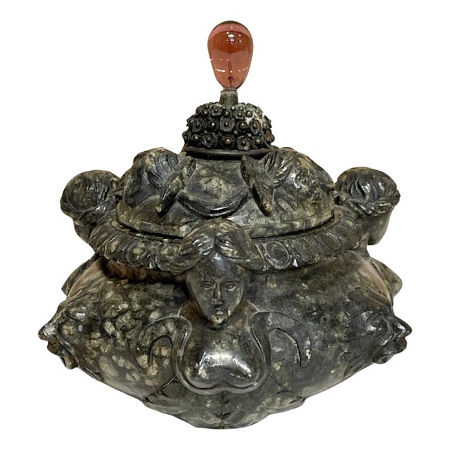 18th Century/Older Italian Renaissance Style Carved Verdigris Marble Table Box For Sale