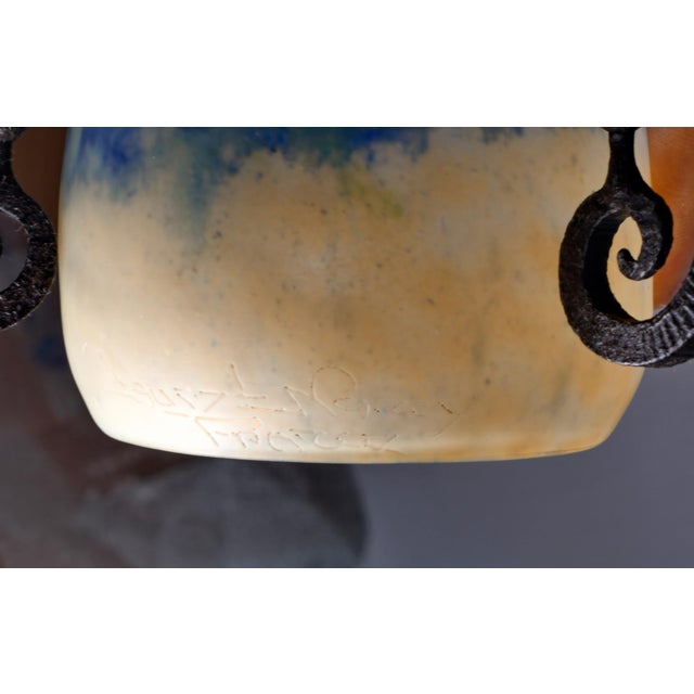 Blue French Art Deco Pagoda Lamp by E. Gauthier & Daum - Wrought Iron 1925 France For Sale - Image 8 of 9