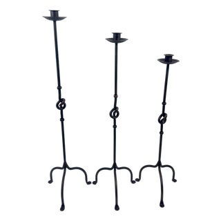 Hand Forged Iron Candelabra Set of 3 (80-100cm) Antique Copper Finish Love Knot Stem Floor Set For Sale