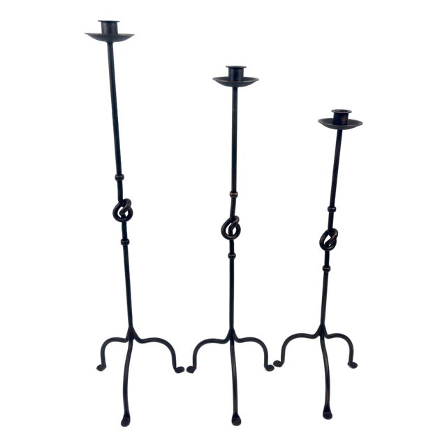 Hand Forged Iron Candelabra Set of 3 (80-100cm) Antique Copper Finish Love Knot Stem Floor Set For Sale