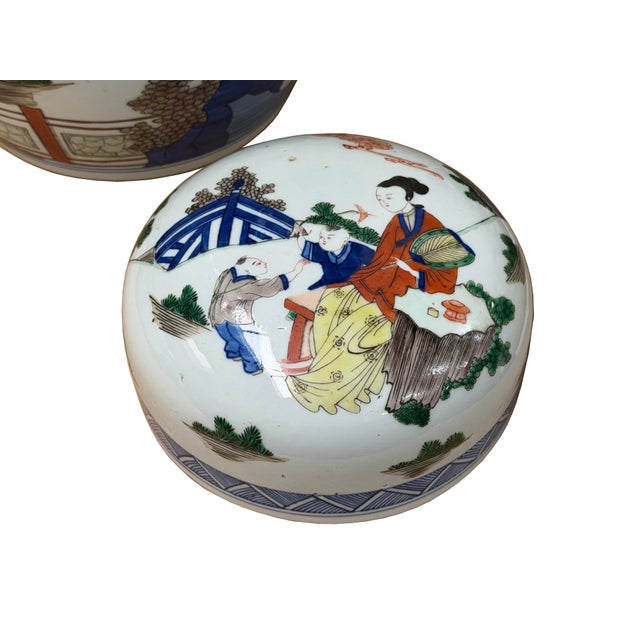 Oriental Color Family Gathering Graphic White Base Porcelain Jar For Sale - Image 9 of 18