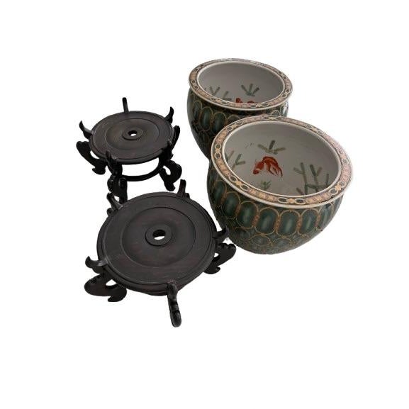Ceramic Vintage Oriental Accent Hand-Painted Asian Fishbowl Cachepot With Carved Hardwood Stand For Sale - Image 7 of 15