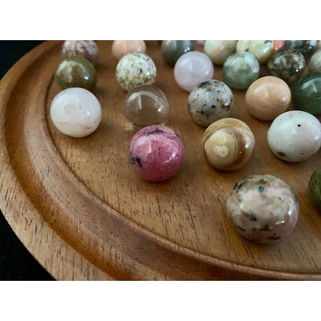African Vintage Wooden Peg Solitaire Game Set 37 Semi Precious Gemstone Mineral Marbles For Sale - Image 3 of 15
