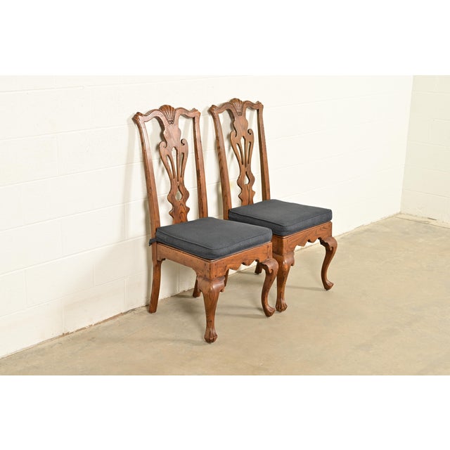 Henredon Henredon Georgian Carved Oak and Cane Side Chairs or Dining Chairs, Pair For Sale - Image 4 of 17