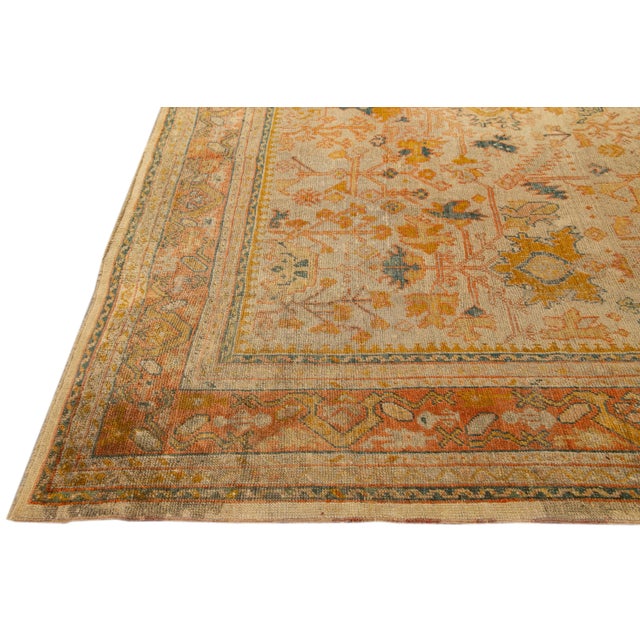 Antique Turkish Oushak Handmade Orange Floral Motif Wool Rug For Sale - Image 4 of 10