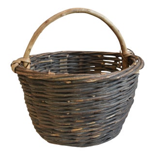 Vintage Large Woven Willow Wood Gathering Basket With Wood Handle For Sale
