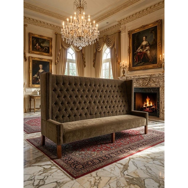 Transitional 19th Century Ex-Bellagio Las Vegas 9ft Tufted Velvet High-Back Sofa Settee | Dramatic Luxury Statement Piece For Sale - Image 3 of 9