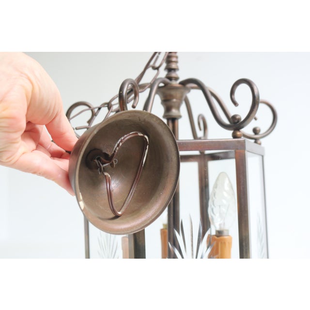 French Neoclassical Brass and Star Etched Glass Hanging Lantern, 1950s For Sale - Image 12 of 13