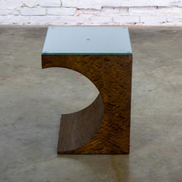 Late 20th Century Modern Geometric Crescent End or Side Table Burl Veneer With Rectangle Glass Top For Sale - Image 13 of 18
