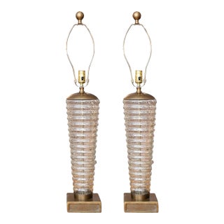 Pair of Mid-Century Ribbed Glass Table Lamps For Sale