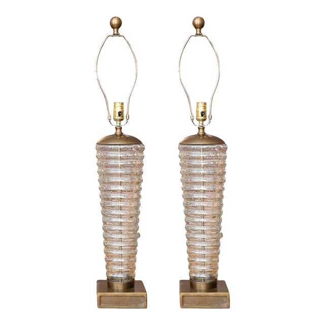 Pair of Mid-Century Ribbed Glass Table Lamps For Sale