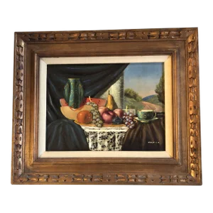 1960’s Vintage Original Still Life With a View Painting Original Vintage Frame Signed