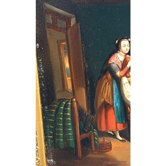 19th Century Biedermeier Genre Painting “The Surprise" Oil on Tin Original Frame For Sale - Image 12 of 14