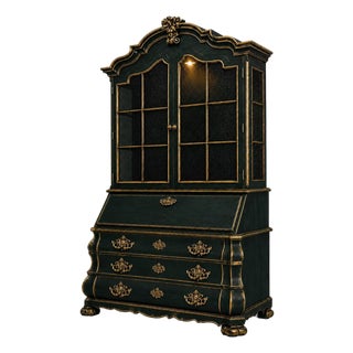 Henredon Oxidized Emerald Bombe Secretary Cabinet With Antiqued Gold Gilding & Chicken Wire Display Hutch For Sale